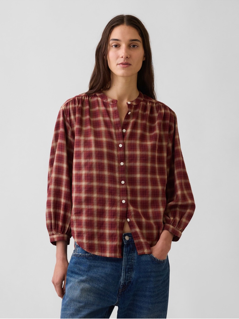 GAP Burgundy and Cream Plaid Button-Down Shirt